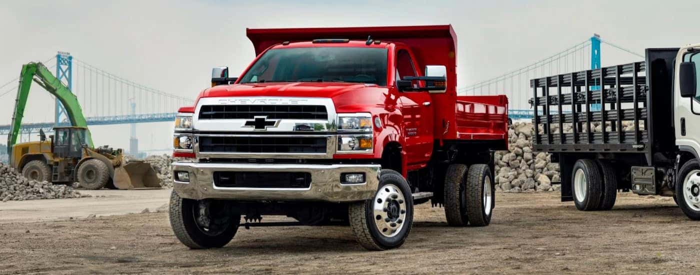 A parked red 2025 Chevy Silverado 4500 for sale near Fredericksburg.