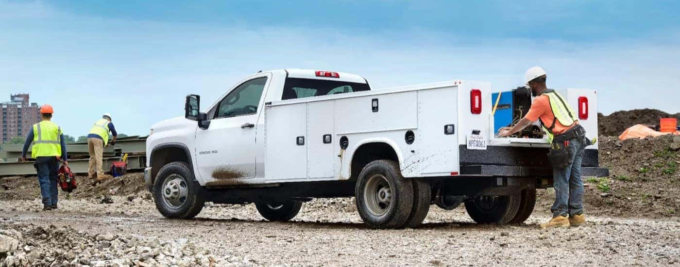 A parked white 2025 Chevy Silverado 3500 for sale near Fredericksburg.
