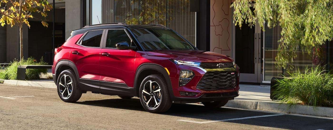 Red 2021 Chevy Trailblazer parked to look at used Chevys for sale near Fredericksburg