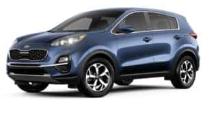 A blue 2020 Kia Sportage is facing left.