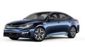 A blue 2020 Kia Optima Hybrid is facing left.