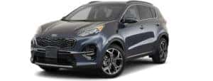 A dark blue 2021 Kia Sportage is angled left on a white background.