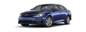A blue 2020 Kia Optima is angled left.