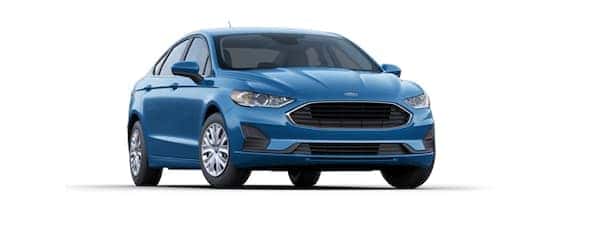 A blue 2020 Ford Fusion is angled right.