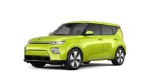 A bright green 2021 Kia Soul EV is facing left.