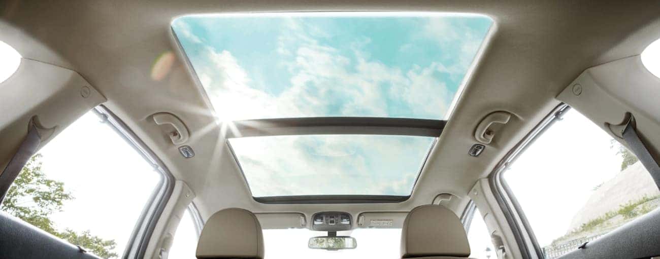 The sunroof in a 2020 Kia Sorento is shown from inside.