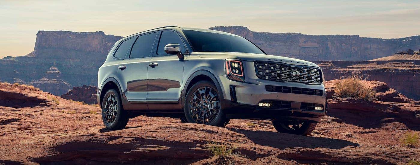 A silver 2021 Kia Telluride is climbing over rocks in front of a canyon.