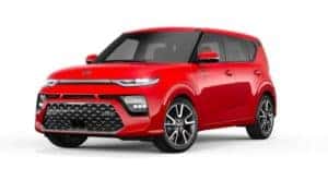 A red 2021 Kia Soul is angled left.
