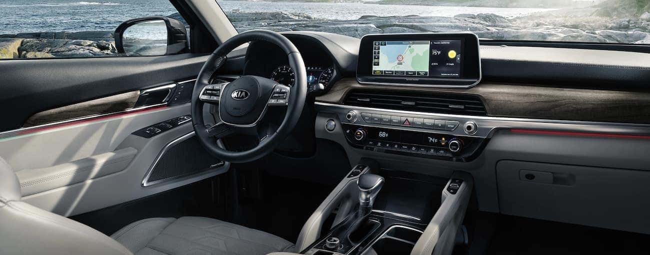The black and white interior of a 2021 Kia Telluride is shown.
