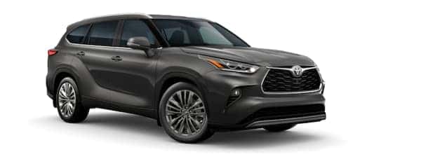 A dark grey 2021 Toyota Highlander is angled right.