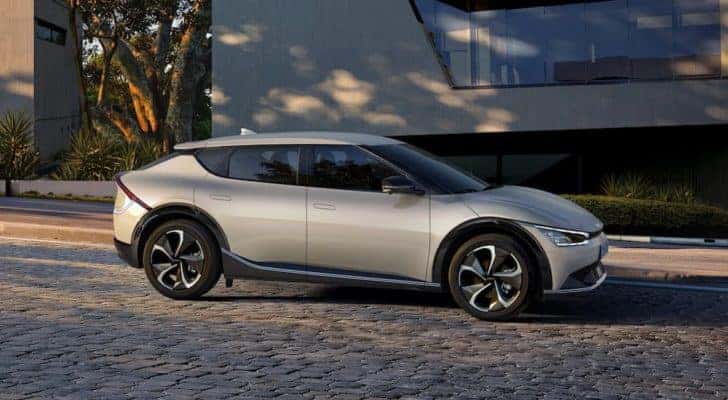 A silver 2022 Kia EV6 is shown near a Kia EV6 dealer near Freehold, NJ.