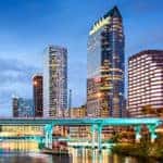 Tampa, Florida, USA downtown city skyline over the Hillsborough River.