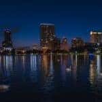 swans swiming in lake eola park after sunset