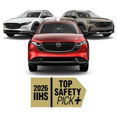 Badge representing Mazda's three 2026 IIHS TOP SAFETY PICK+ small SUV awards including the Mazda CX-5