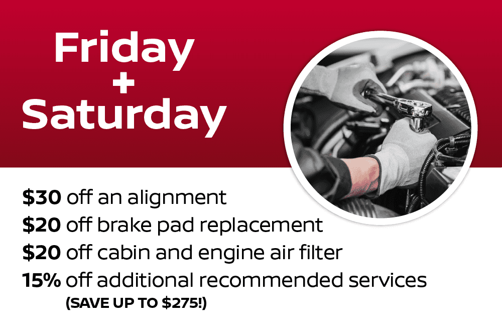 Friday-Saturday $20 off Cabin and Engine Air filter (when doing both at the same time) 15% off any additional recommended services (save up to $275.00) $30.00 off an alignment (Original price $149.95) $20.00 off Brake pad replacement Coupons cannot be combined with any other discounts. See Service Advisor for complete details.