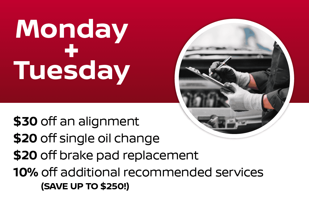 Monday-Tuesday $20.00 of single oil change 10% off additional recommended services (save up to $250.00) $30.00 off an alignment (Original price $149.95) $20.00 off Brake pad replacement Coupons cannot be combined with any other discounts. See Service Advisor for complete details.
