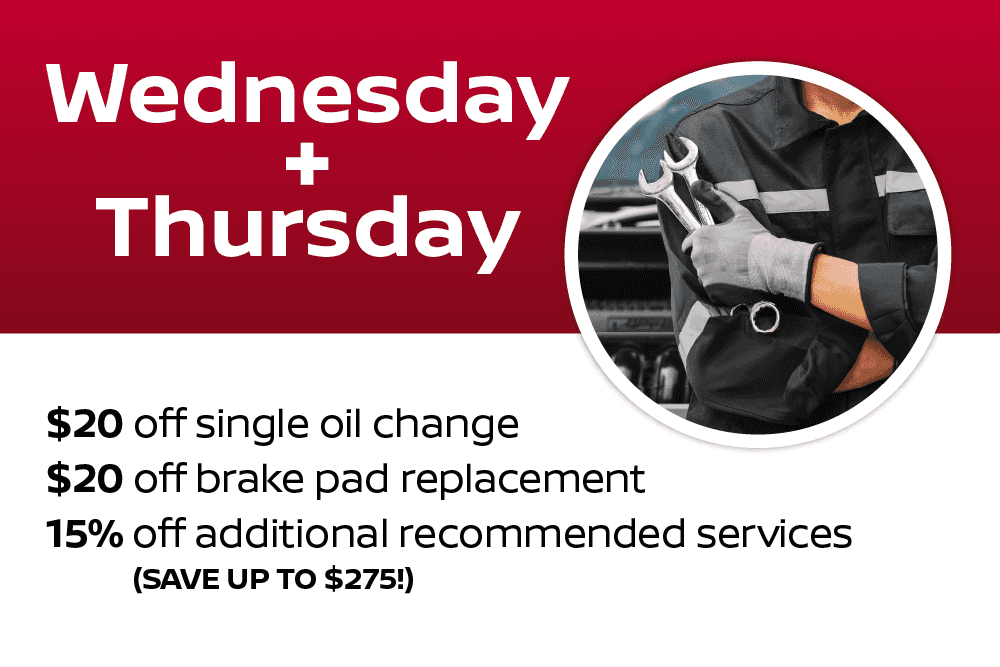 Wednesday-Thursday $20.00 of single oil change 15% off any additional recommended services (save up to $275.00) $20.00 off Brake pad replacement Coupons cannot be combined with any other discounts. See Service Advisor for complete details.