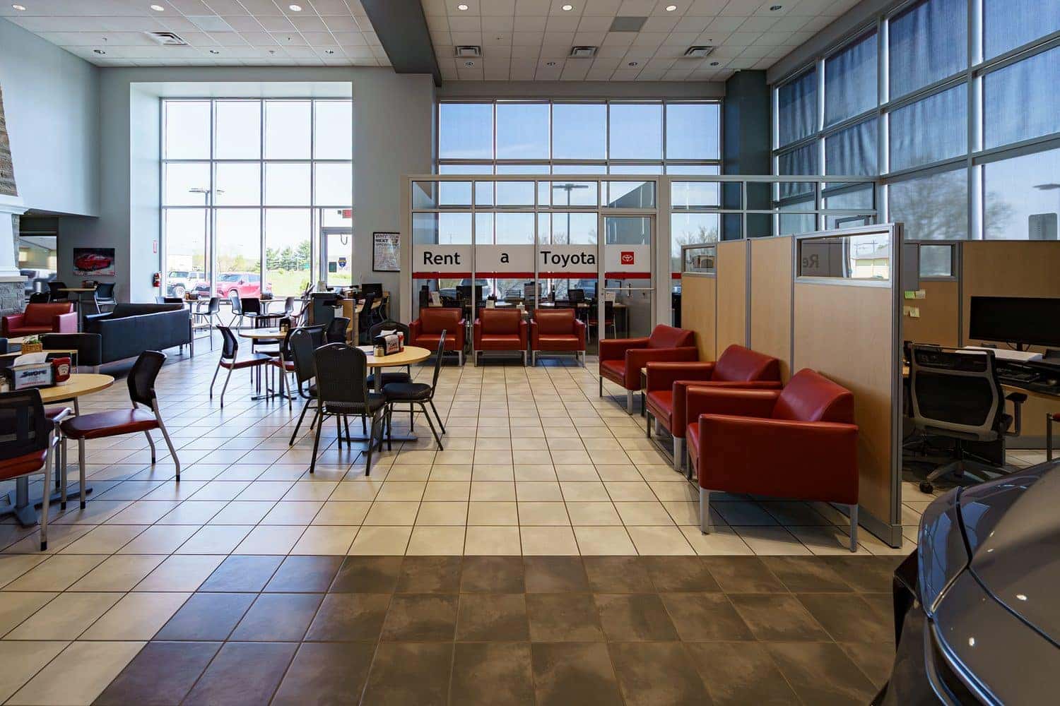 Guest lounge and Toyota rental area at Swope Toyota