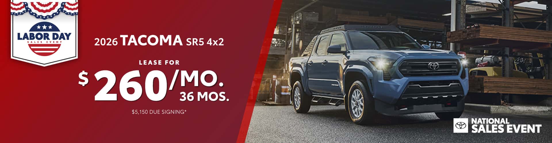 2026 Toyota Tacoma SR5 4x2: Lease for $260/month for 36 months