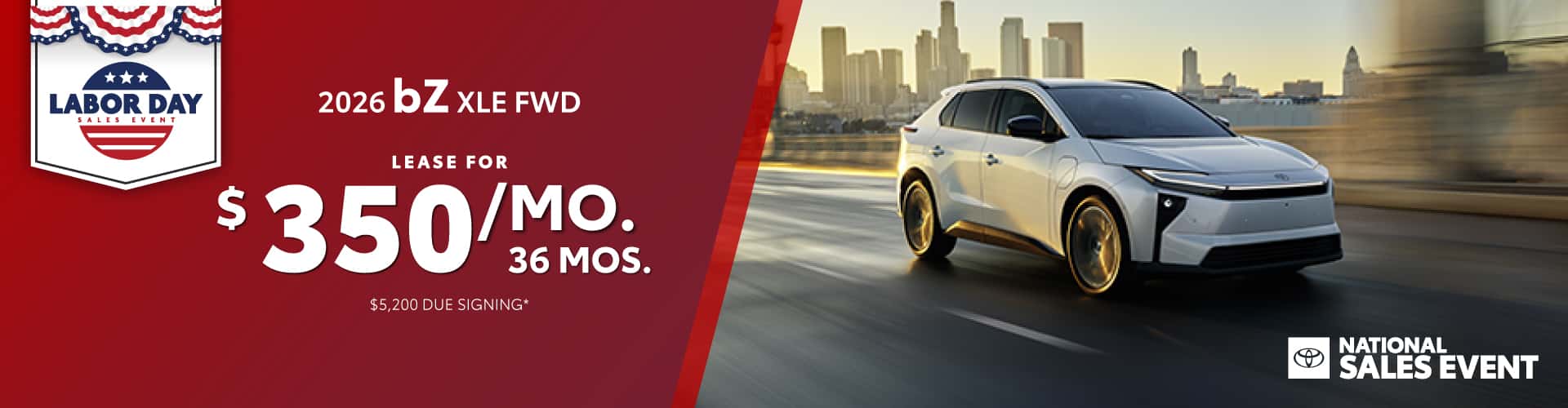 2026 Toyota bZ XLE FWD: Lease for $350/month for 36 months