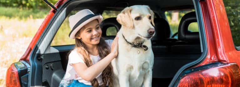 girl with dog sitting in trunk of suv