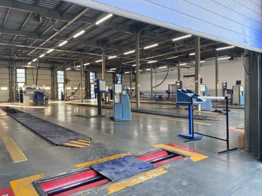 An empty vehicle inspection bay.
