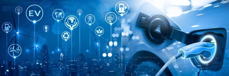 graphic with an electric car charging and ev related symbols