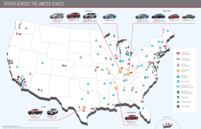 Map of Toyota Operations in the USA