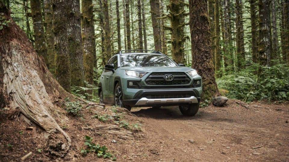 Front view of a 2020 RAV4 driving on a road through the woods