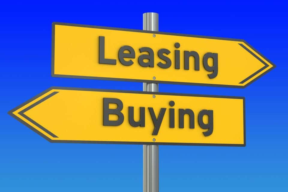 Road sign arrows pointing toward buying and leasing