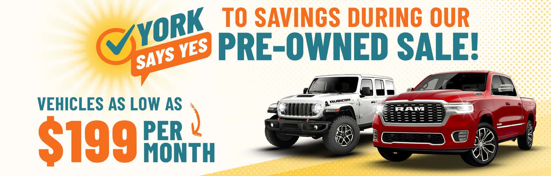 Say Yes to Pre-owned savings at York CDJR in Crawfordsville, Indiana.
